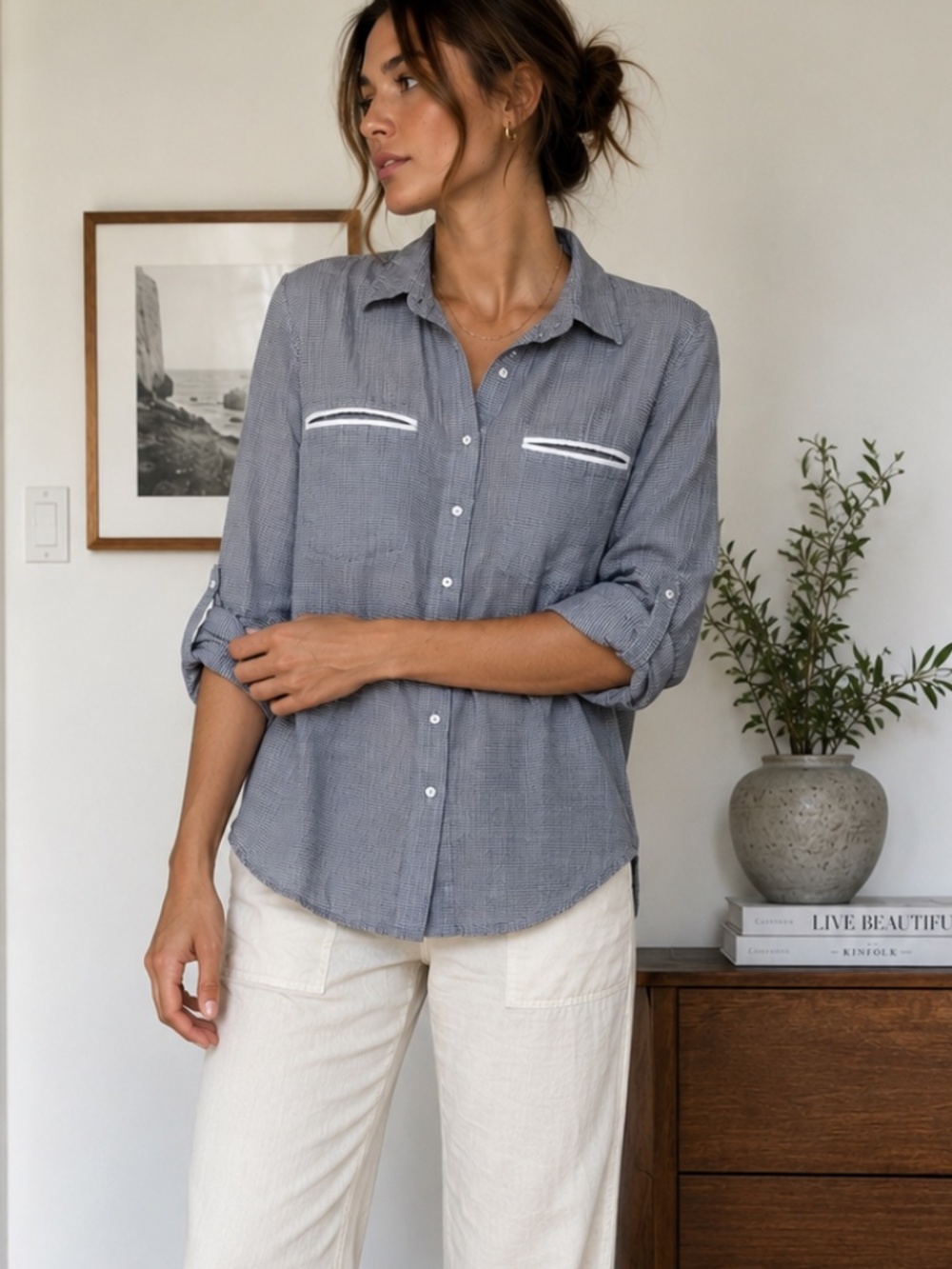 Calvin Klein Jeans 100% Cotton Blue Stripe Roll Tab Shirt Medium